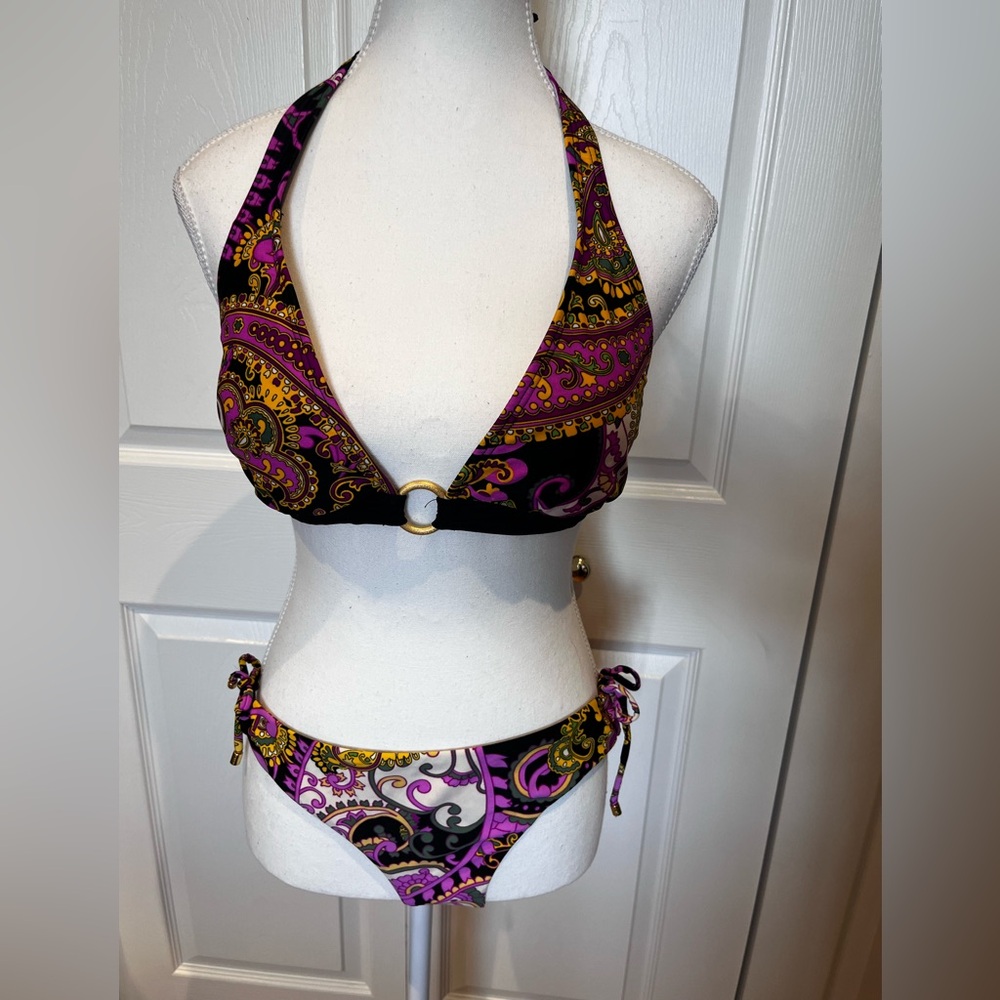 Paisley Halter Bikini Set - Purple and Black